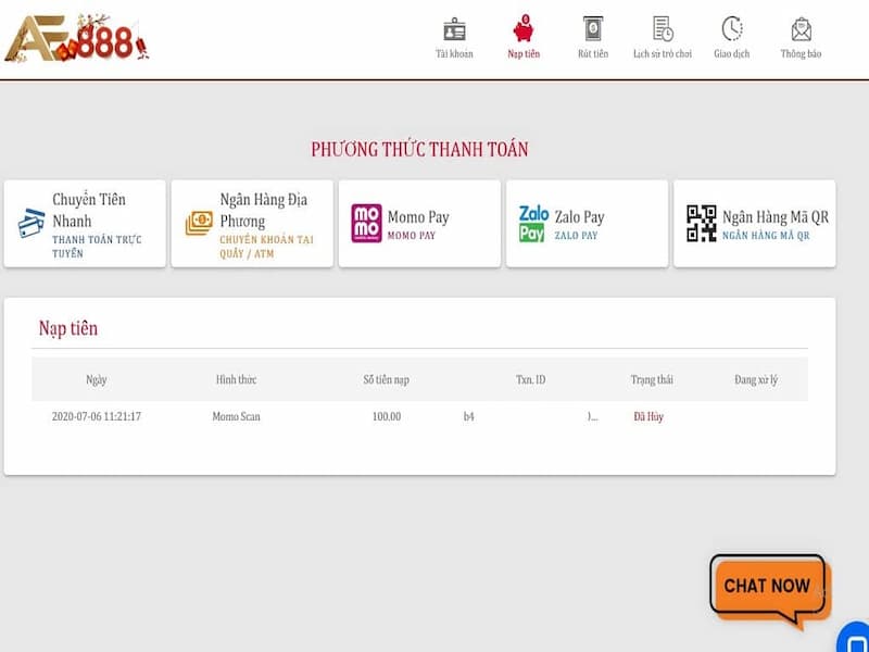 Bước 3: Thực hiện nạp tiền vào tài khoản Ae888